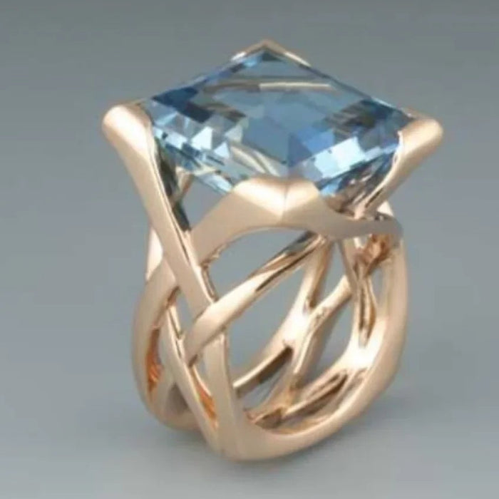 Square Blue Crystal Gold Ring