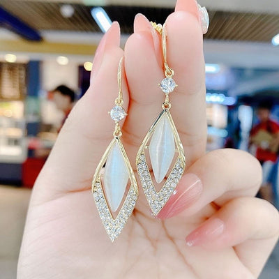 Elegant Diamond Opal Ear Hook Korean Style Long 925 Silver Needle Rhinestone Earrings