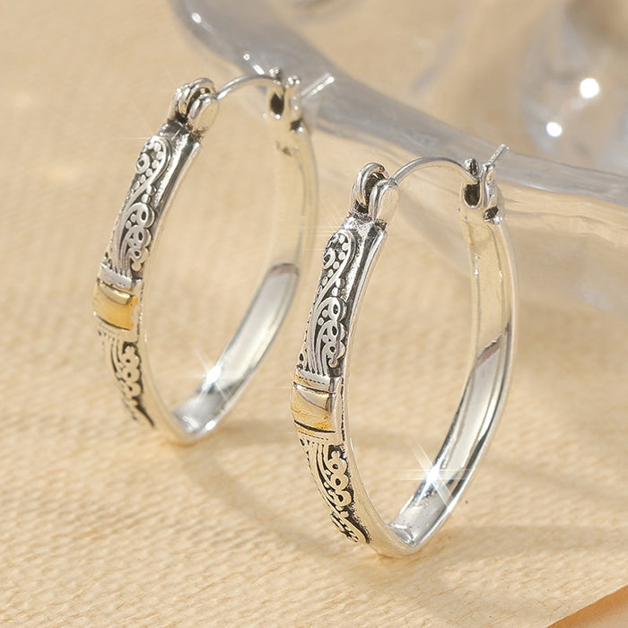 Vintage Two Tone Engraved Hoop Earrings Silver Gold Tone Brass Women Daily Party Fashion Jewelry Elegant