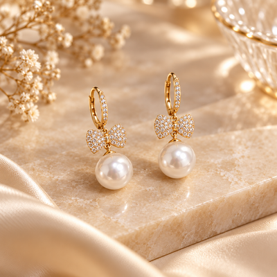 Pearl Bow Zircon Ear Hooks