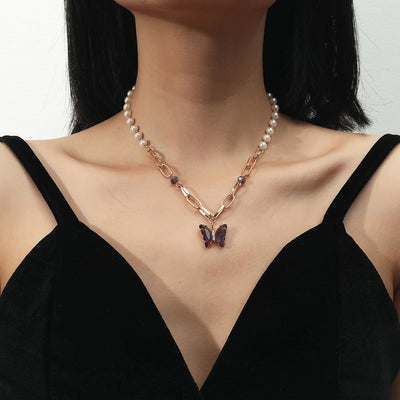 Zircon Butterfly Pendant Personalized Pearl Necklace