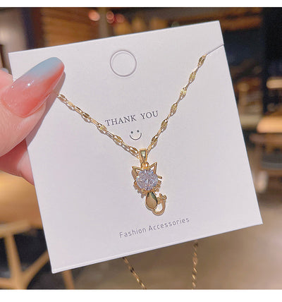 Zircon Kitten Pendant Titanium Necklace