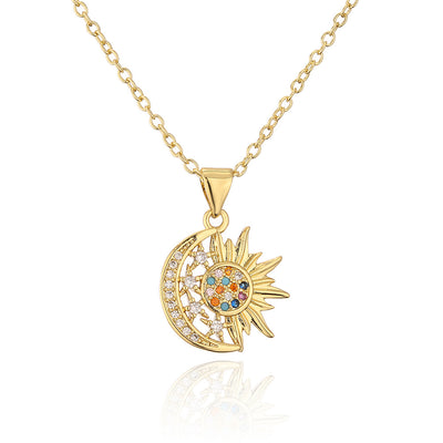 Copper Gold Zircon Sun Moon Star Pendant Necklace Creative Clavicle Chain