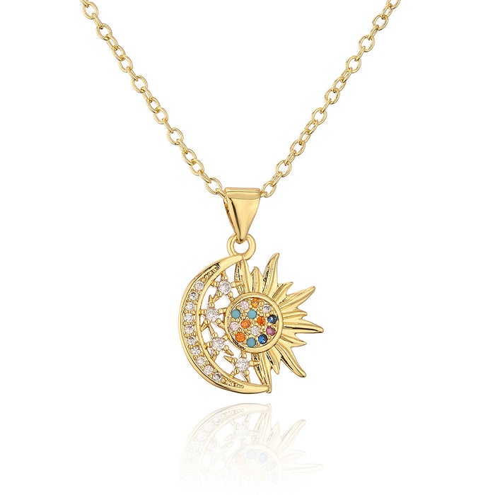 Copper Gold Zircon Sun Moon Star Pendant Necklace Creative Clavicle Chain