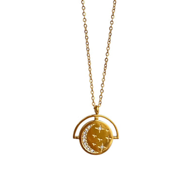 Women's Fashion Retro Micro Inlaid Zircon Moon Star Coin Pendant Necklace