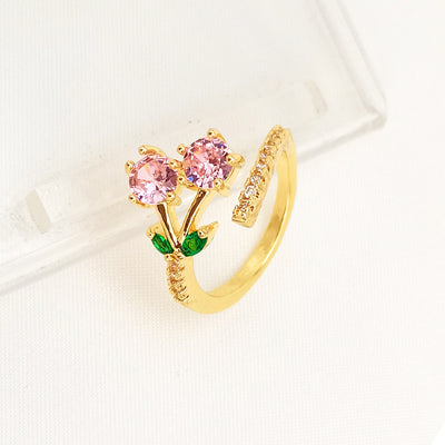 Affordable Luxury Fashion Copper-plated Gold Zircon Leaf Geometric Open Ring For Women