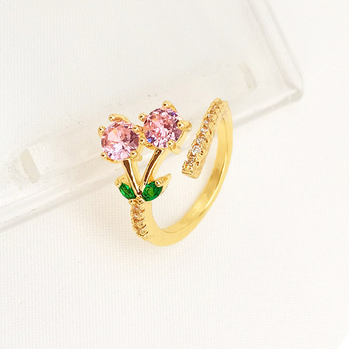Affordable Luxury Fashion Copper-plated Gold Zircon Leaf Geometric Open Ring For Women