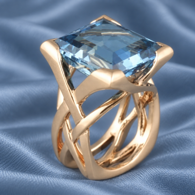 Square Blue Crystal Gold Ring